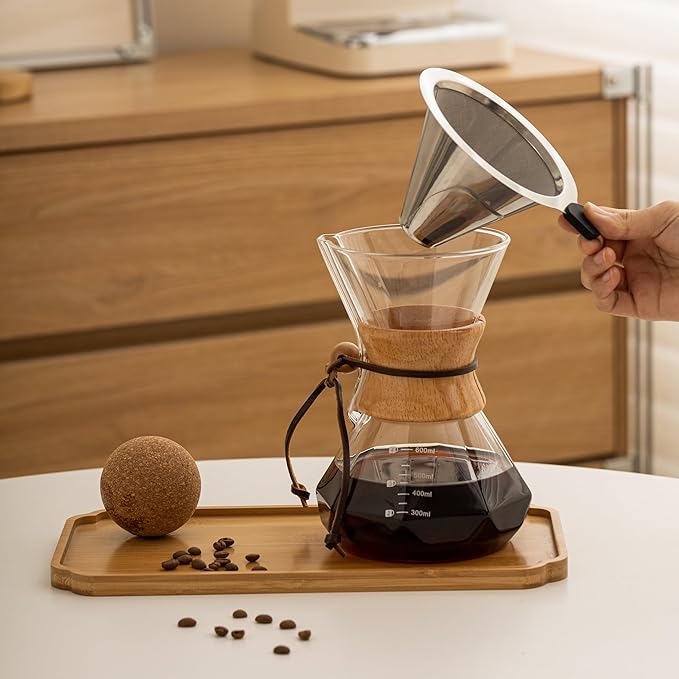 Pour Over Coffee Maker With Wood Sleeve,13.5oz/400mlPour Over Coffee Dripper,Pour Over Coffee Maker Set With Cork Stopper (13.5oz/400ml)