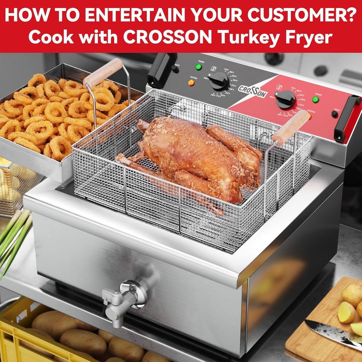 CROSSON 24Lbs Electirc Triple Basket Turkey Fryer With Oil Drain Spout,Oil Drain Rack,Commercial Countertop Donut Deep Fryer To Fry a Whole Fish or Turkey