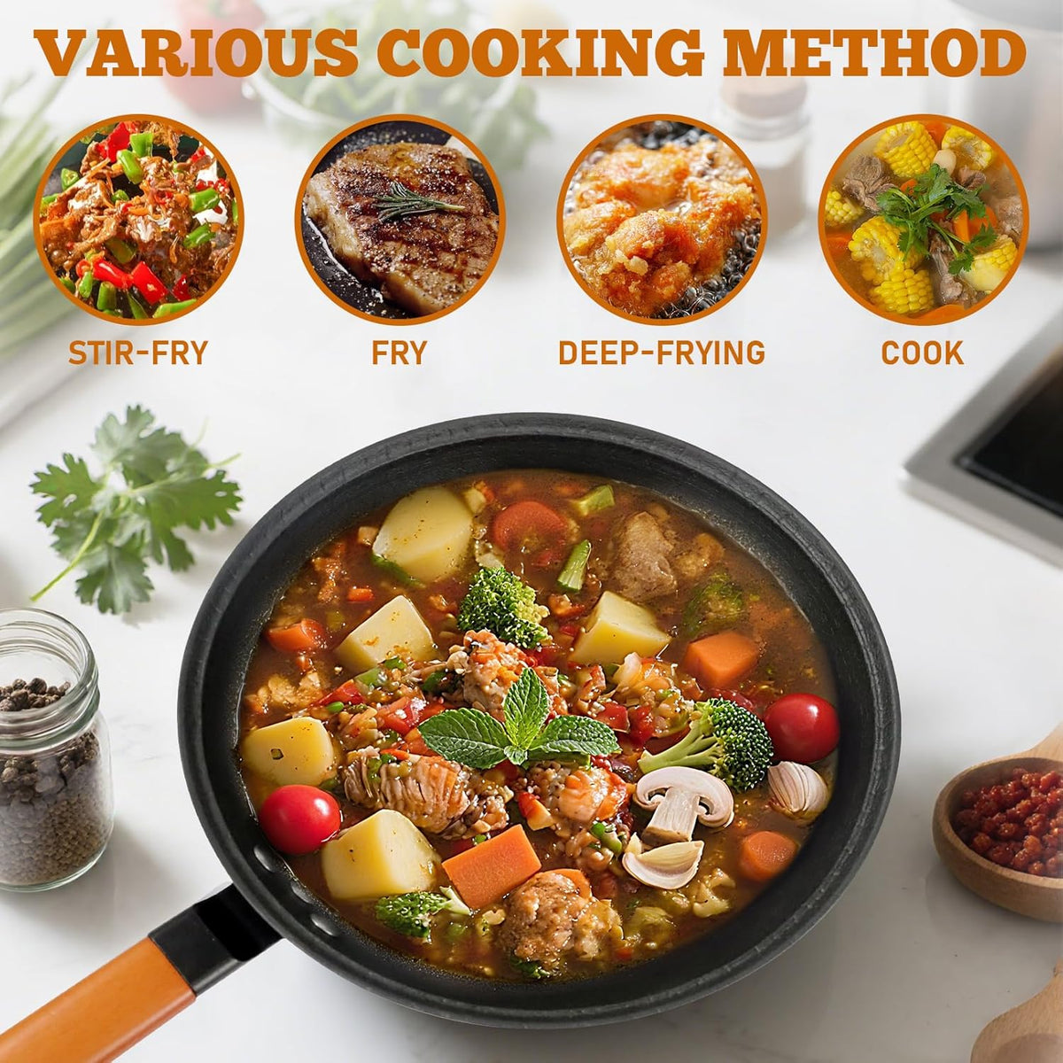 Nonstick Frying Wok Pan Hybrid, 10 Inch Preseasoned Deep Stir Fry Pan Skillet with Glass Lid, Traditional Chinese Cast Iron Wok, No Coated Saucepan for Induction, Electric, Gas, Grill Stoves