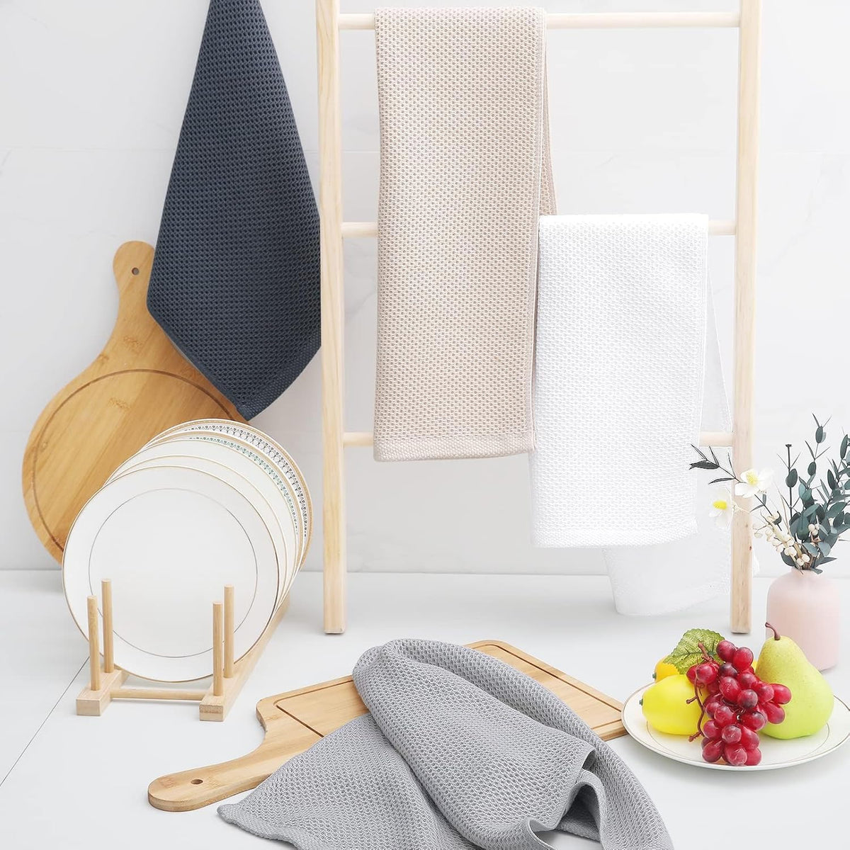 Homaxy 100% Cotton Waffle Weave Kitchen Dish Towels, Ultra Soft Absorbent Quick Drying Cleaning Towel, 13 x 28 Inches, 6-Pack, White