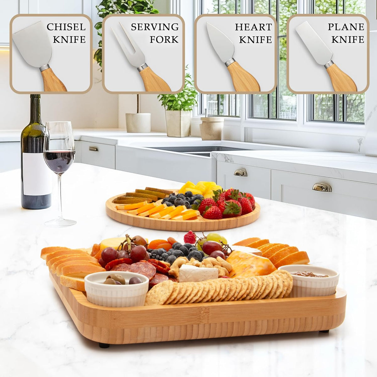 Zulay Kitchen Premium Bamboo Cheese Board Set - Extra Thick Bamboo Charcuterie Board Set with 4 Piece Knife Set - Wooden Cheese Board is Perfect for Charcuterie, Wine and Cheese (Party Set) - Icon