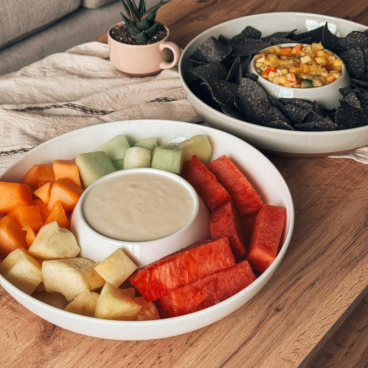 Mora Ceramic Chips and Dip Serving Tray: Large Divided Party Bowl Set for Chips & Salsa, Veggies & Dip, Fruit, Snacks, Entertaining, Hosting, etc. Minimalist Design for the Modern Hostess - White