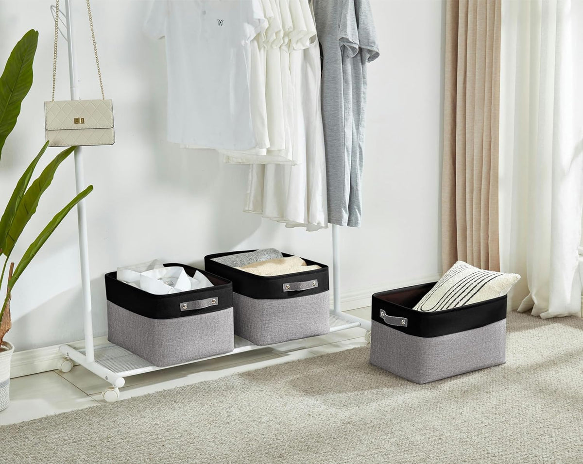 DECOMOMO Storage Baskets for Shelves - Fabric Storage Bins, Linen Closet Organizers and Storage (Grey & Black, XL - 3 Pack)