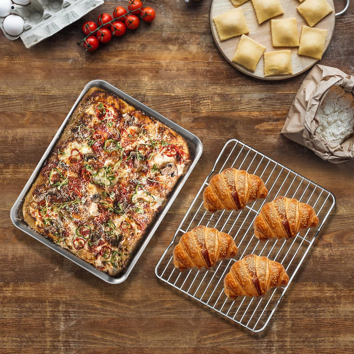 Baking Sheet with Wire Rack Set, Stainless Steel Cookie Sheet Baking Pan Toaster Oven Tray with Cooling Rack, 12.4 x 10 x 1 Inch Quarter Sheet Pan - Non Toxic & Dishwasher Safe