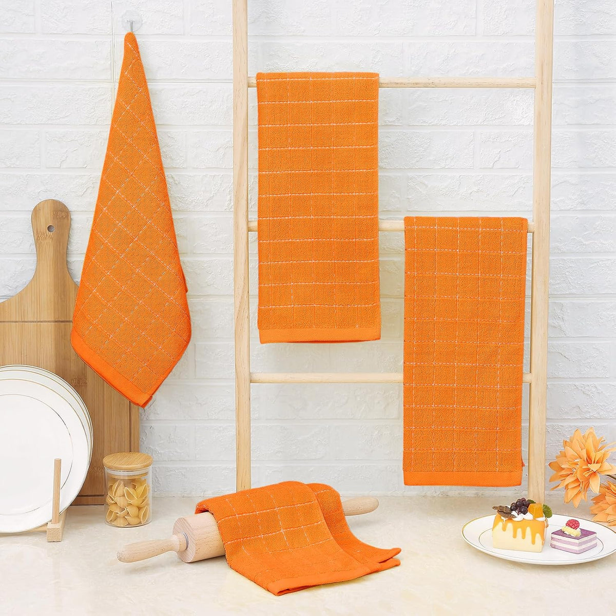 Homaxy 100% Cotton Terry Kitchen Towels(Orange, 13 x 28 inches), Checkered Designed, Soft and Super Absorbent Dish Towels, 8 Pack