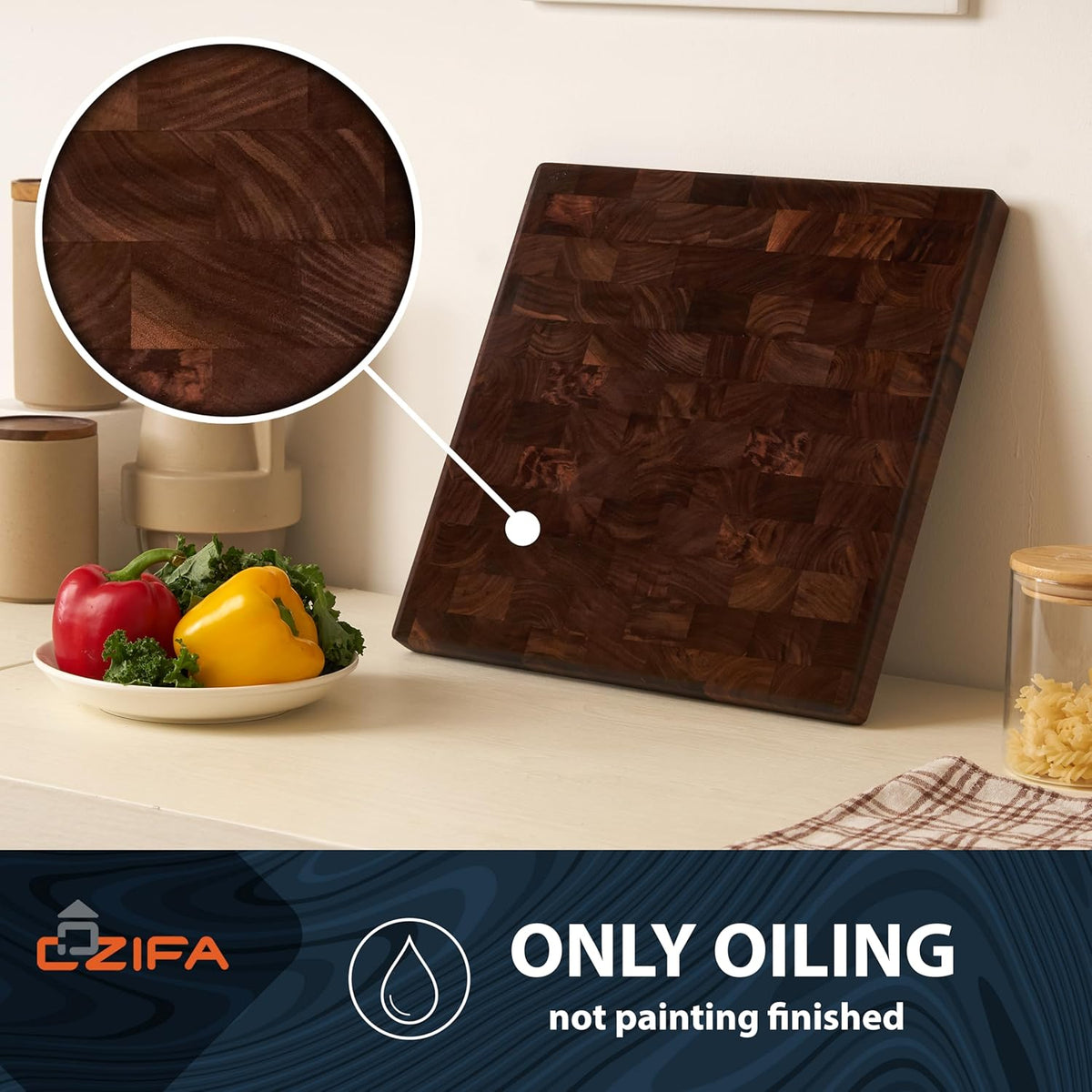 American Dark Walnut Wood Cutting Board Large, Square 14x14 x1.2in for Kitchen and End Grain Butcher Block Finished with Linseed Oil, Beeswax, Carnauba wax & Lemon Oil