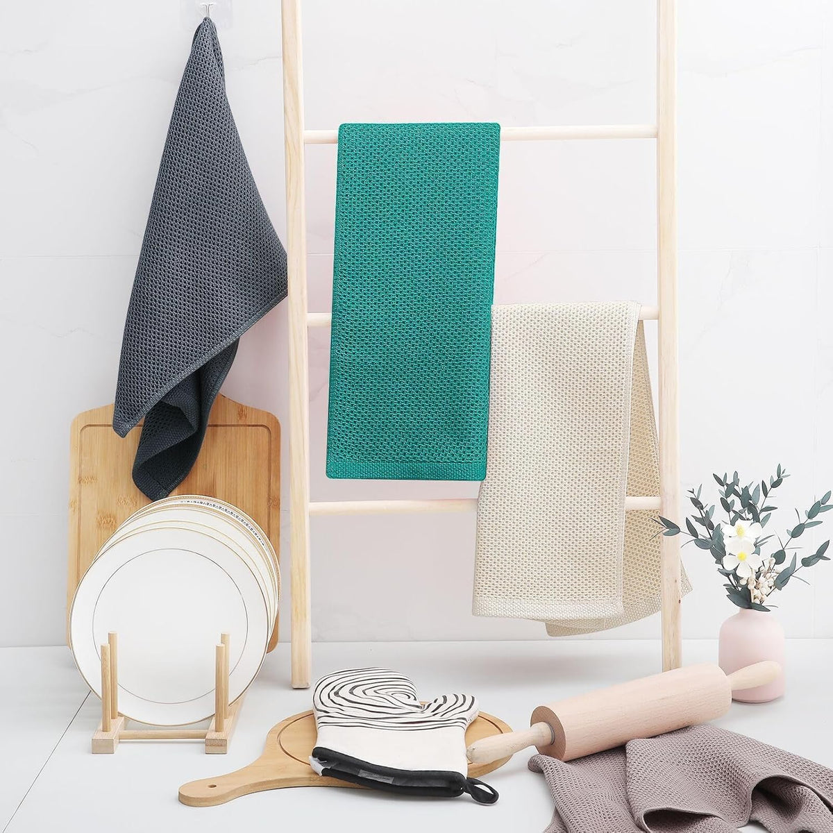 Homaxy 100% Cotton Waffle Weave Kitchen Dish Towels, Ultra Soft Absorbent Quick Drying Cleaning Towel, 13 x 28 Inches, 8-Pack, Teal