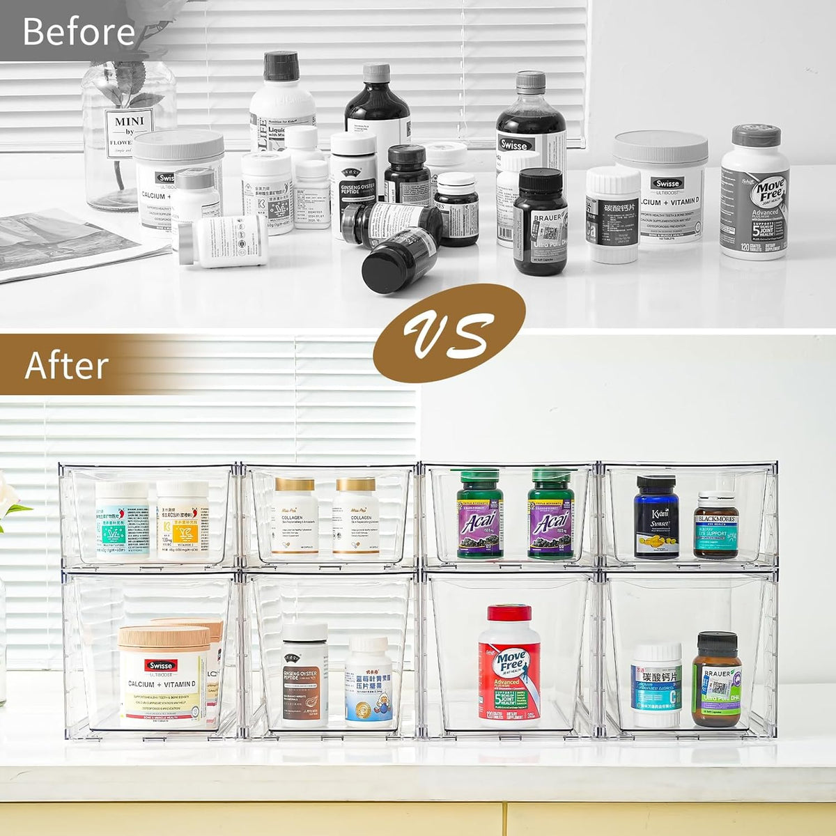 6Pack Stackable Kitchen Storage Organizer, Pantry Organizers and Storage, Clear Foods Organizer Bins with Handles, Easily Assemble for Bathroom, Kitchen, Pantry, Cabinet, Closet