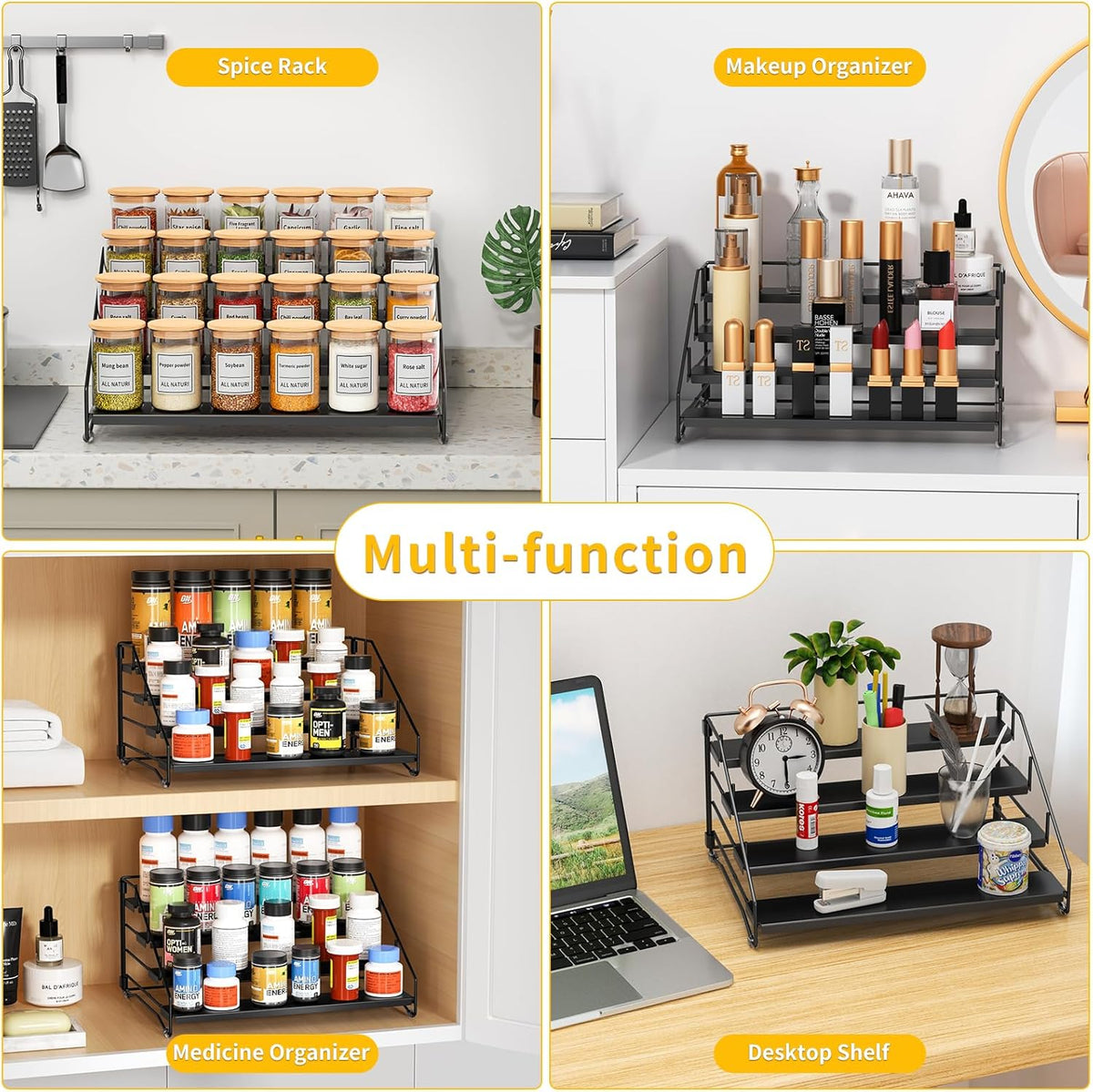 RCHYFEED Spice Rack Organizer for Cabinet Pantry,4 Tier Spice Rack Countertop, Depth Adjustable Spice Organization for Cabinet,Tierd Seasoning Organizer for Cabinet(Black, 1Pack)