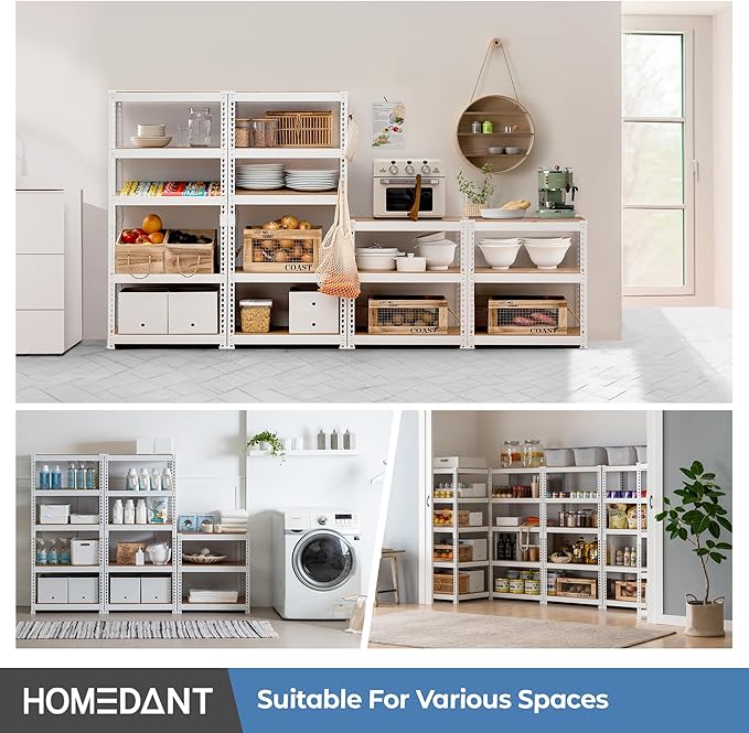 HOMEDANT 5 Tier Laminated White Boltless Metal Shelving Unit Adjustable Garage Storage Utility Rack Heavy Duty Shelves Organization Multipurpose Shelf Warehouse Pantry 28" W x 12.3" D x 59.5" H 1Pack