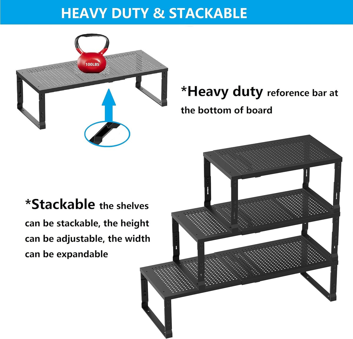 Expandable Spice Rack,Stackable Storage for Cabinet, Multi-Functional Kitchen Shelving,Height-Adjustable,Sustainable Organizer Solution(2Packs/Black/Large)