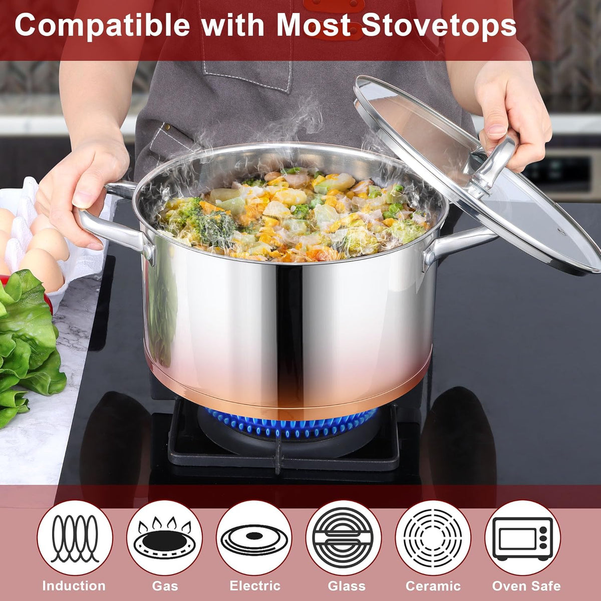 LIANYU 6 QT Stainless Steel Stock Pot, Kitchen Tri-ply Base Cooking Soup Pot with Glass Lid, Heavy Duty Non-toxic Cookware for Meal, Compatible with Induction Cooktop Electric Stove, Dishwasher Safe