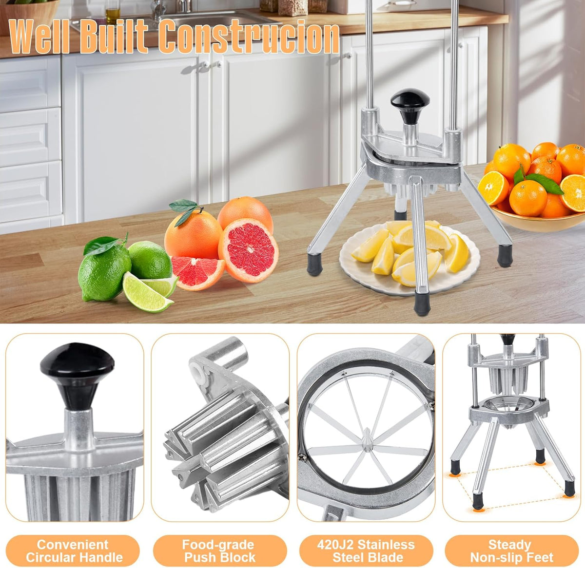 Commercial Lemon Cutter 4 & 6 & 8 Section with V-Shaped Stainless Steel Blades Easy Wedger Fruit Lime Slicer Vegetable Chopper Dicer for Home Bar Restaurant