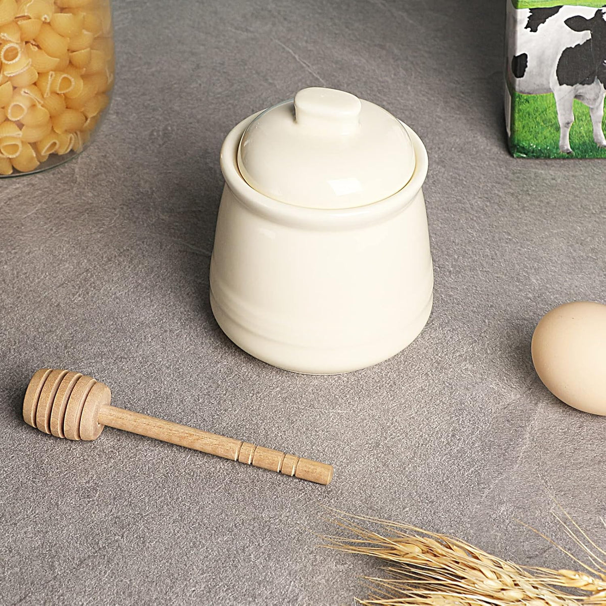LEETOYI Porcelain Honey Jar with Lid and Honey Dipper,Ceramic Honey pot,12oz (Beige)