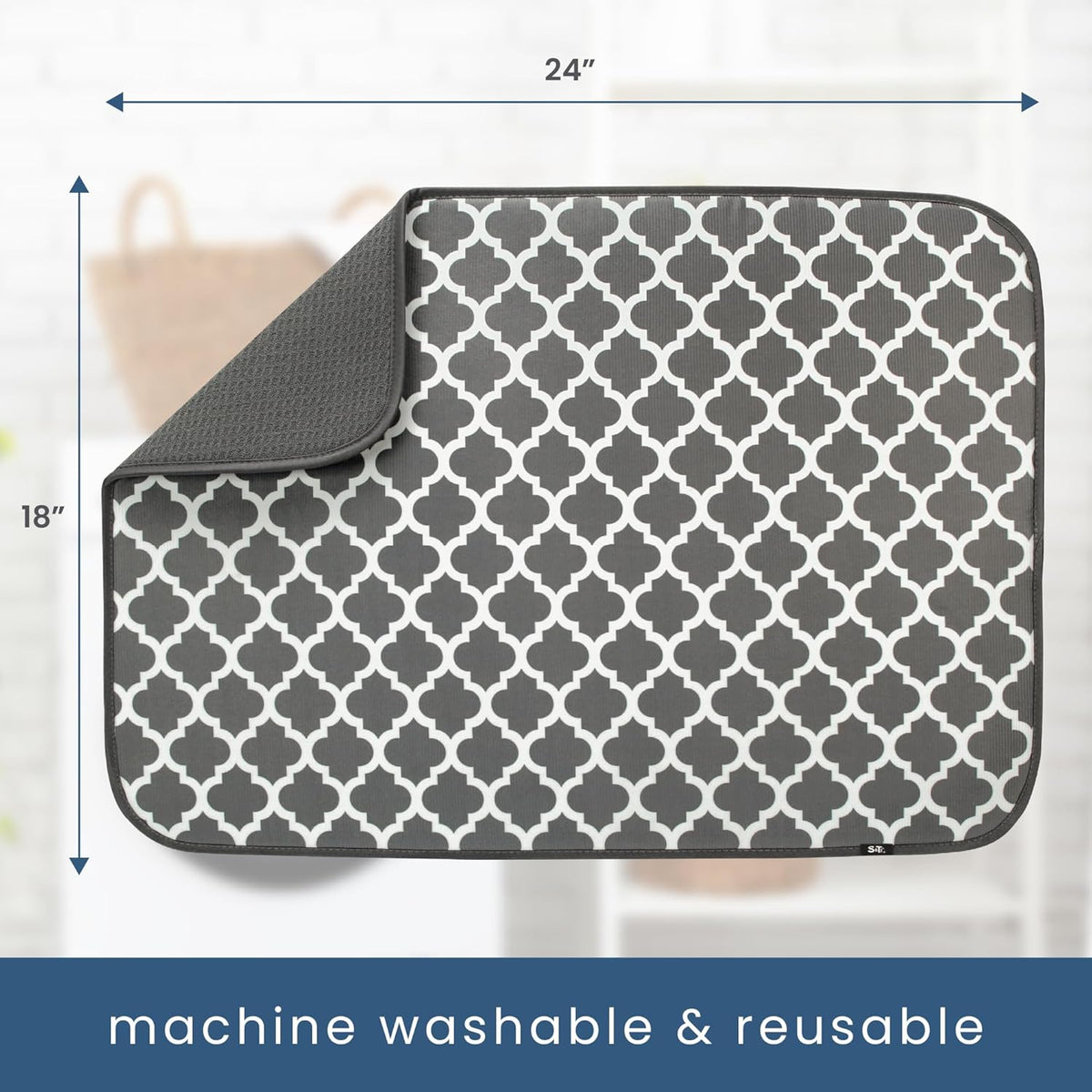 S&T INC. Dish Drying Mat XL, 18” x 24”, Absorbent Microfiber Kitchen Counter Mat, Dish Drying Pad for Dishes, Utensils, Pots and Pans, Extra Large, Pewter Grey Trellis