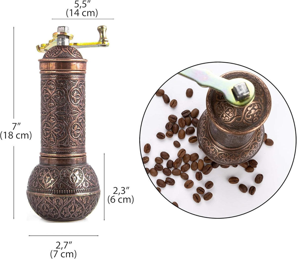 Decorative Handmade Coffee Grinder, Refillable Turkish Spice Mill, Manual Coffee Mill with Handle, Coffee Grinder Metal with Hand Crank 18 cm-7.1 inch