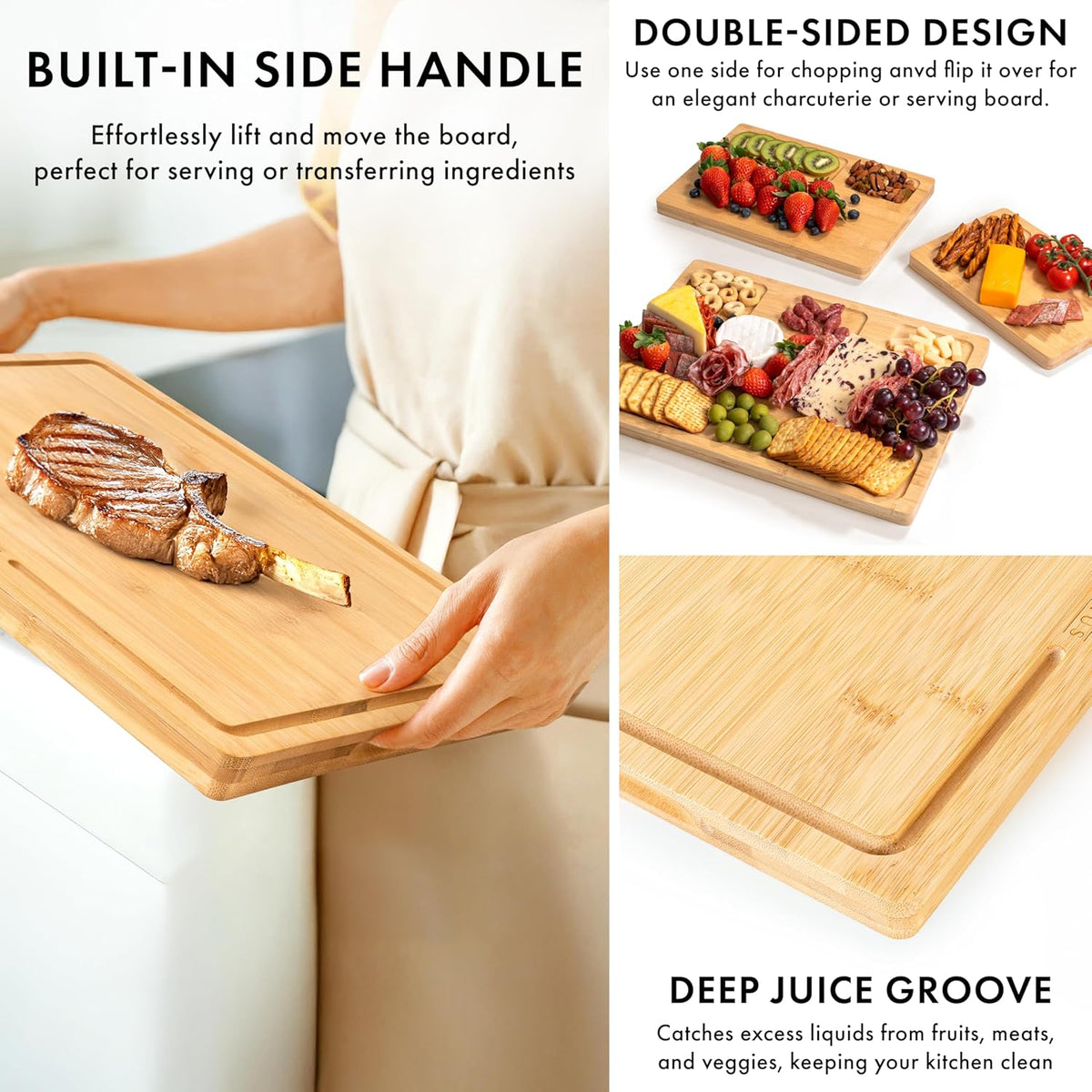 Bamboo Wooden Cutting Boards for Kitchen, Cutting Board Set of 3, Chopping Boards with Juice Groove for Meat, Cheese & Vegetables - Durable, Double sided wood cutting board with serving Compartments
