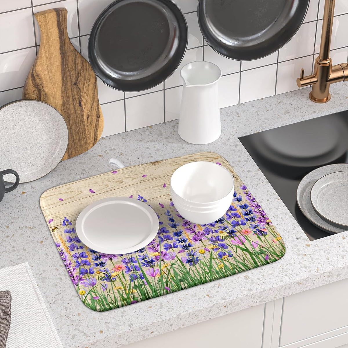 Lavender Floral Dish Drying Mat 16x18 inch Spring Summer Flower Decorative Fast Dry Dishes Drainer Mats Reversible Washable Dish Rack Pad