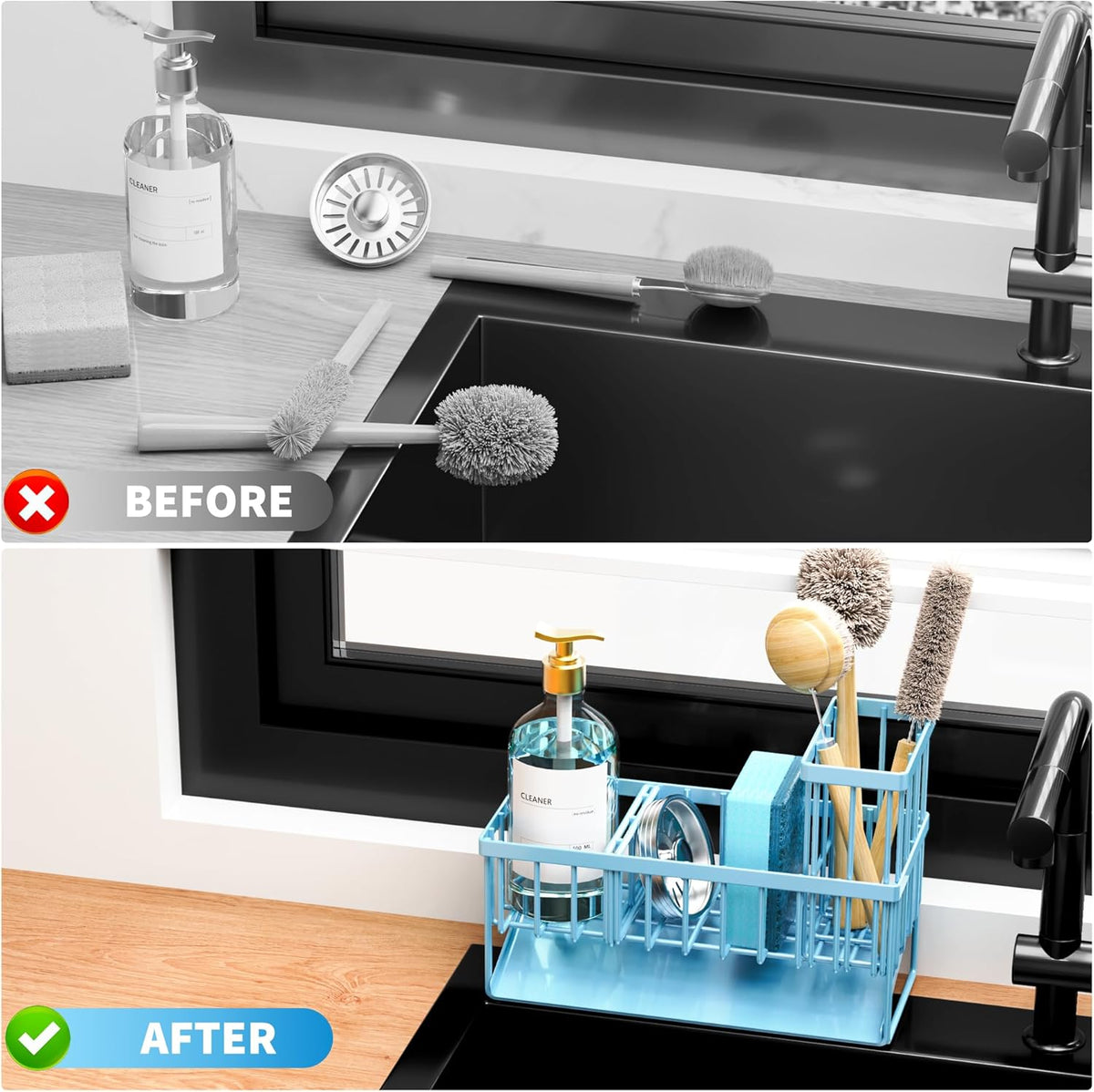 Cisily Blue Kitchen Sink Caddy Organzier with High Brush Holder, Sponge Holder for Sink, 304 Rustproof Stainless, Kitchen Countertop Soap Dispenser Organizer, Home Decor and Accessories