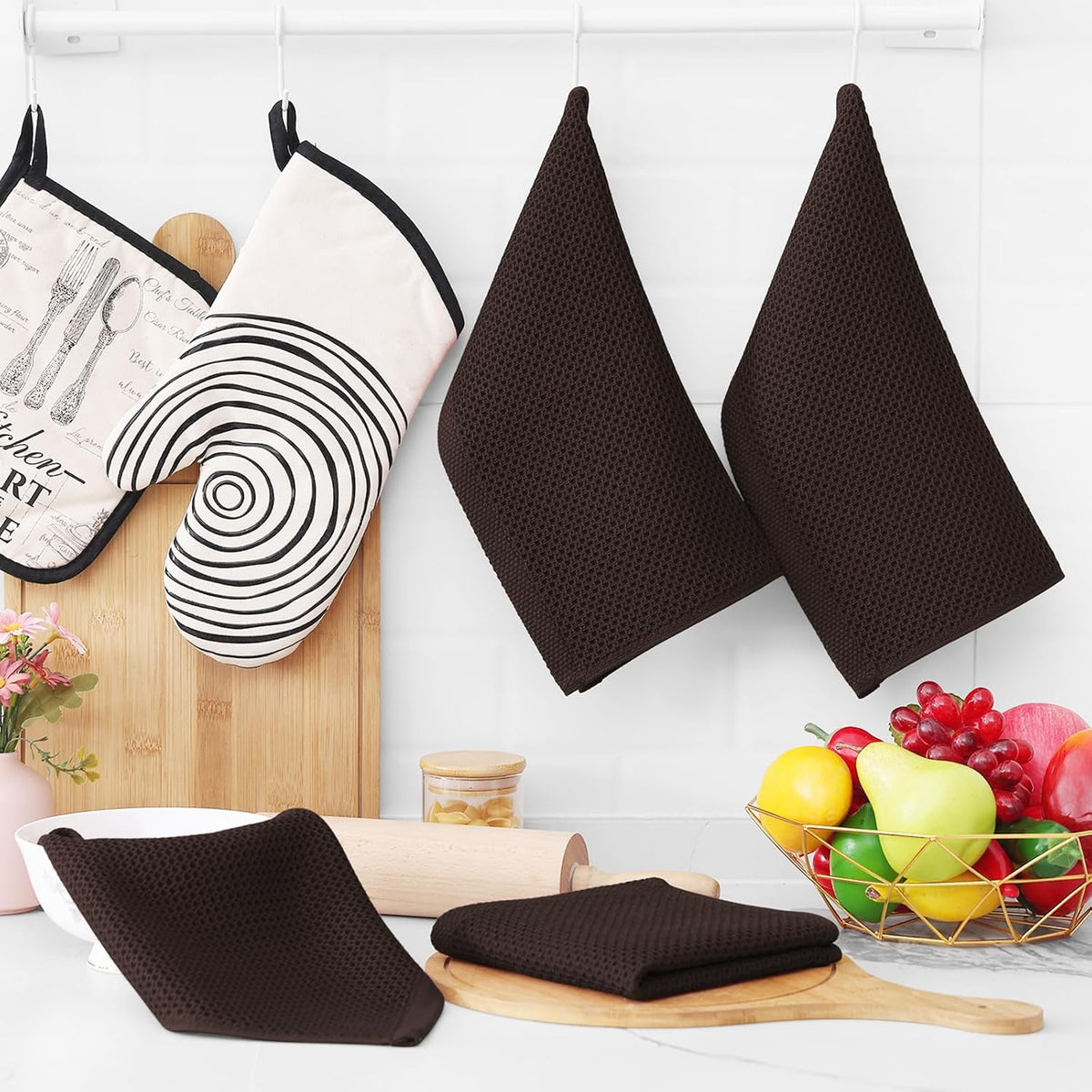 Homaxy 100% Cotton Waffle Weave Kitchen Dish Cloths, Ultra Soft Absorbent Quick Drying Dish Towels, 12 x 12 Inches, 6-Pack, Dark Brown