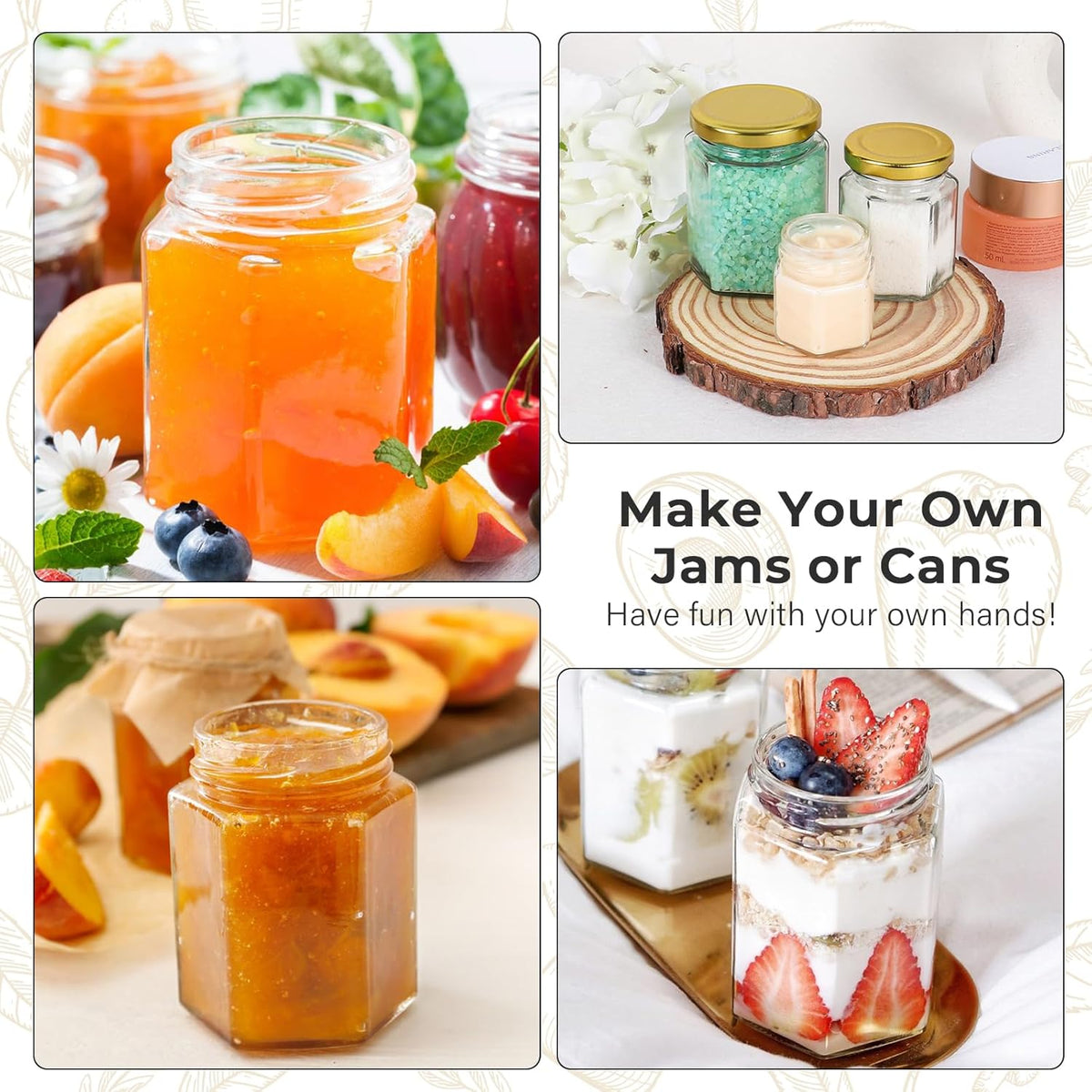 9 oz Hexagon Glass Jars with Gold Lids, 20 Pcs Canning Jars for Jam, Honey, Jelly, Candy, Candle, Wedding Favors, Baby Shower Favors, Spice Jars Crafts with Stickers and Pen for Labeling