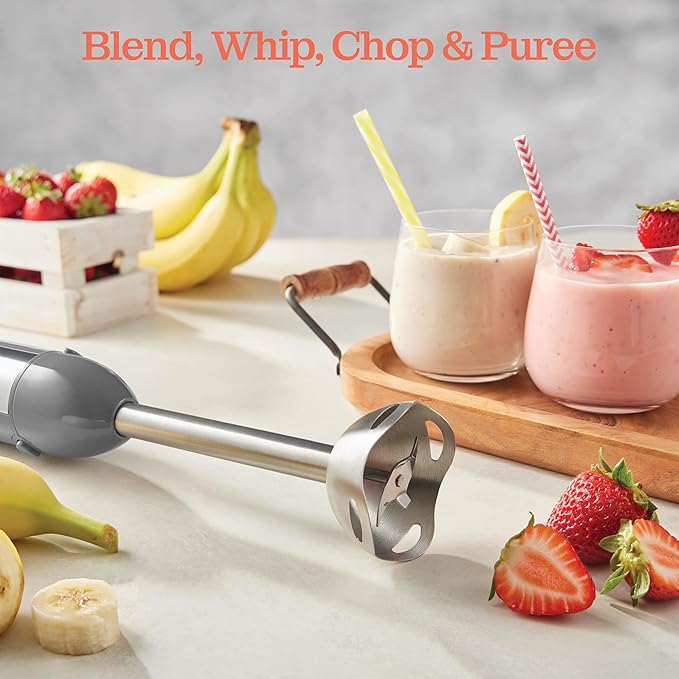 Powerful Immersion Blender, Electric Hand Blender 500 Watt with Turbo Mode, Detachable Base. Handheld Kitchen Blender Stick for Soup, Smoothie, Puree, Baby Food, 304 Stainless Steel Blades (Grey)
