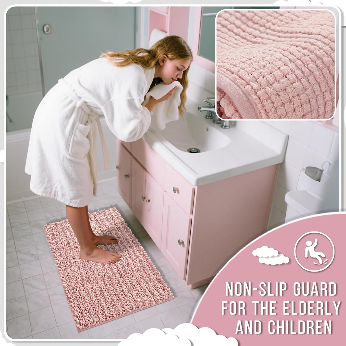Yimobra Bathroom Rugs Non Slip Washable 32x20 Inch - Ultra Soft Absorbent Chenille Bath Mat, Quick Dry Shaggy Floor Carpet for Tub Shower, Light Pink Home Decor Accessories