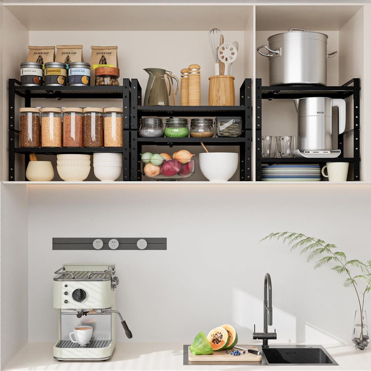 Expandable,Adjustable & Stackable Spice Rack, Cabinet Kitchen Countertop Shelf Organizer,Metal Pantry Storage Shelves - Space-Saving Storage Solution(1Pack/Black/Medium)
