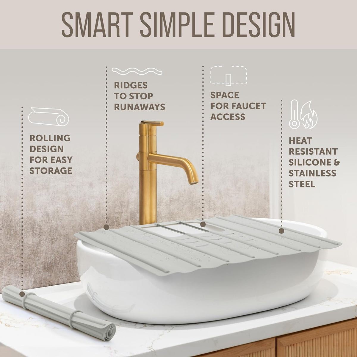 Maplefield Travel Size Bathroom Sink Cover for Counter Space - Foldable Silicone Sink Mat for Beauty Routine, Ideal for Small Bathroom, RVs, Camper Vans (Taupe Small, 19.5 x 15.5 x 1.6 Inches)