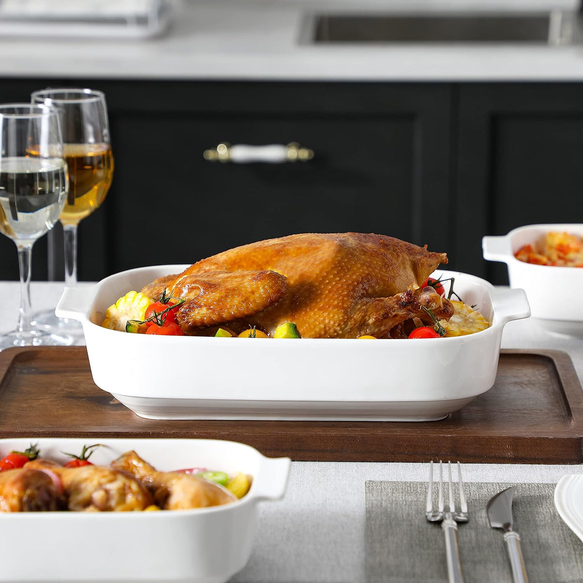 MALACASA Casserole Dishes for Oven, Porcelain Baking Dishes Set of 3, Durable Casserole Dish Set Lasagna Pan Deep, Ceramic Bakeware Sets with Handles, White (13.8''/11.7''/9.4''), Series Bake