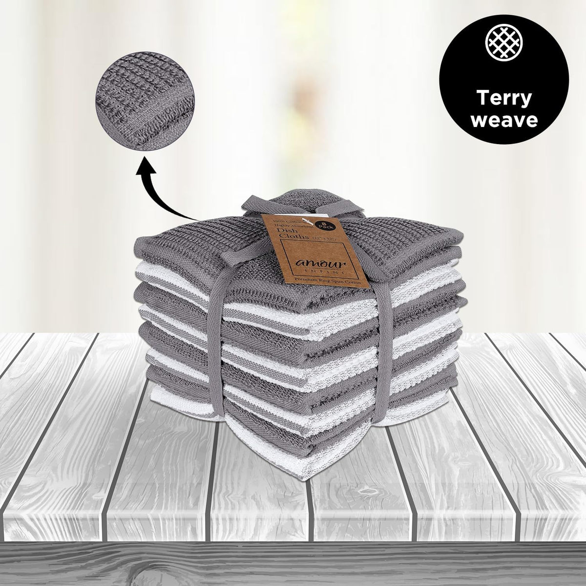 AMOUR INFINI Dish Cloths for Washing Dishes Set of 8 - Highly Absorbent, Super Soft Kitchen Dishcloths - Reusable Quick Dry Dish Rags for Cleaning & Drying Kitchen Linens (12x12 Inch - L.Grey)