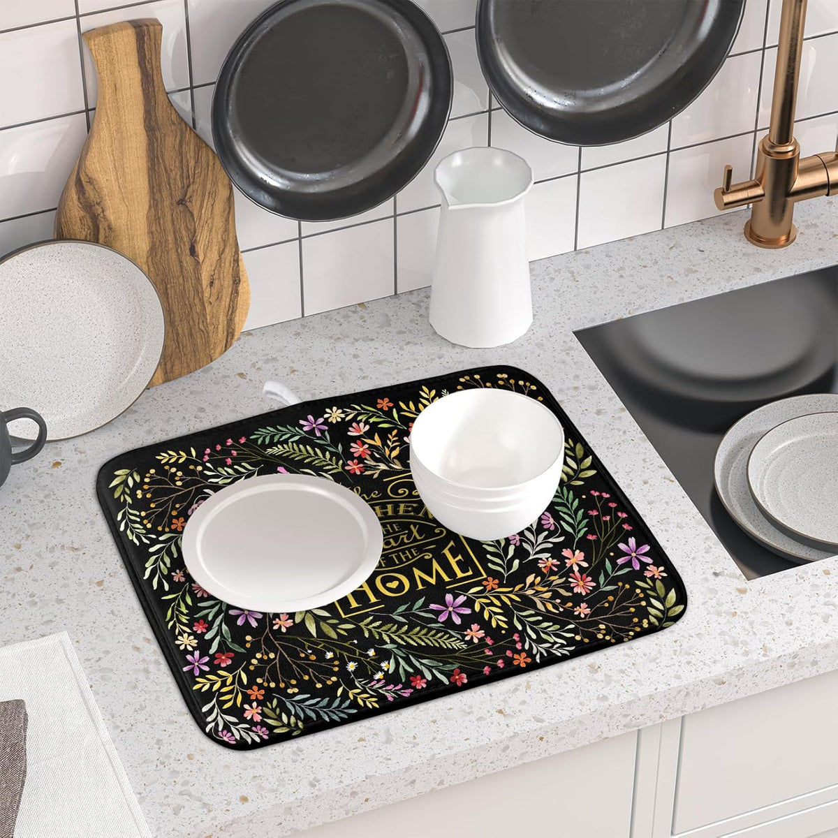 Absorbent Dish Drying Mat Colorful Flowers Microfiber Pad for Kitchen Counter Coffee Bar Decor 16" X 18"