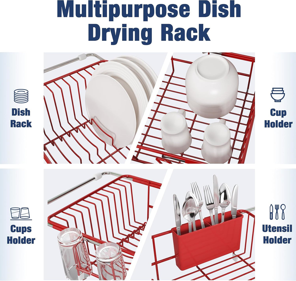 JASIWAY Dish Drying Rack in Sink, Red Dish Dryer Racks Over Sink, Dishes Drainers for Kitchen Sink, Stainless Steel Plates Drying Rack with Utensil Holder & Cups Holder