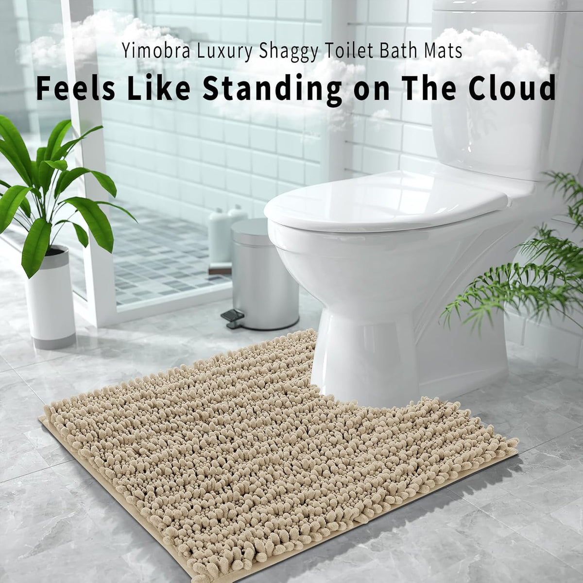 Yimobra Toilet Rug U Shaped Washable 24x20 Inch - Ultra Soft Absorbent Chenille Bath Rugs for Toilet, Quick Dry & Machine Washable, Non Slip Contour Bathroom Mat, Pale Khaki