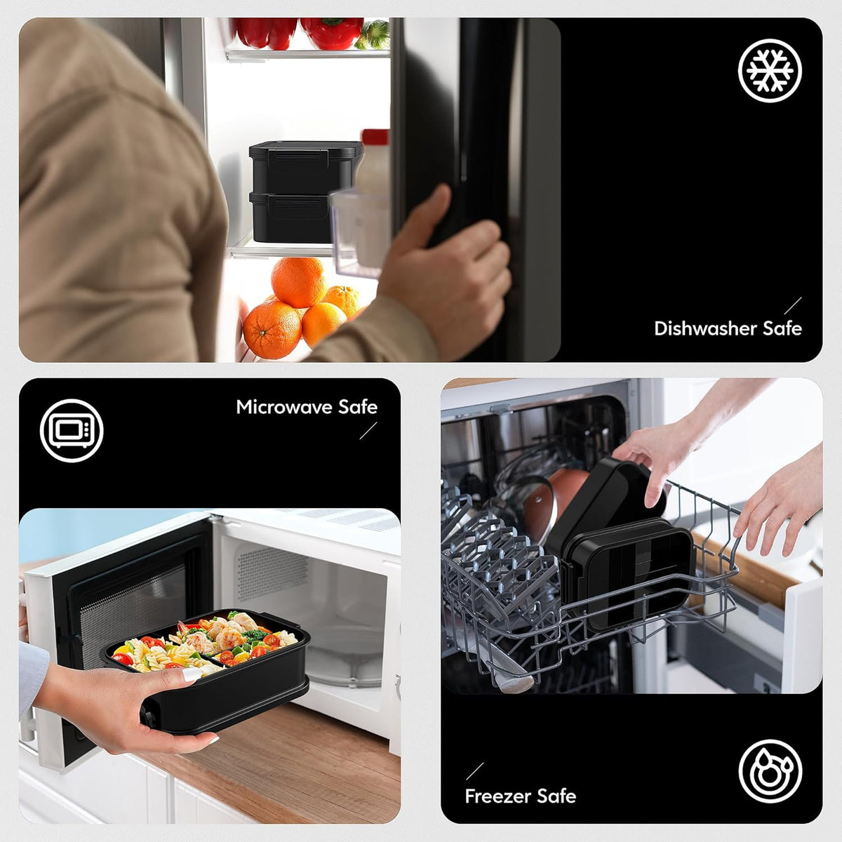 Jelife Adult Bento Box Lunch Box - Large Style Stackable Bento Lunch Box for Adults, 72oz All-in-One 3 Layers Bento Boxes Leak-Proof Lunchbox with Utensil Sauce Containers for Dining Out,Work, Black