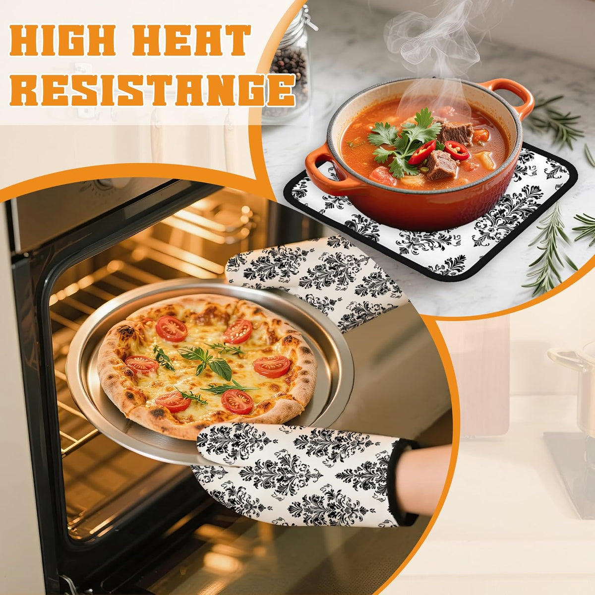 Vintage Damask Floral Oven Mitts and Pot Holders,Heat Resistant Oven Mitts Gloves and Pot Holder for Home Kitchen Decorations Cooking Baking BBQ Gifts,Set of 4