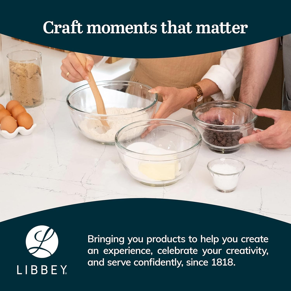 Libbey Baker's Basics 4 Piece Glass Mixing Bowl Set with Plastic Lids - Elegant Nesting Bowls - Glass Mixing Bowls with Lids to Store, Serve and More
