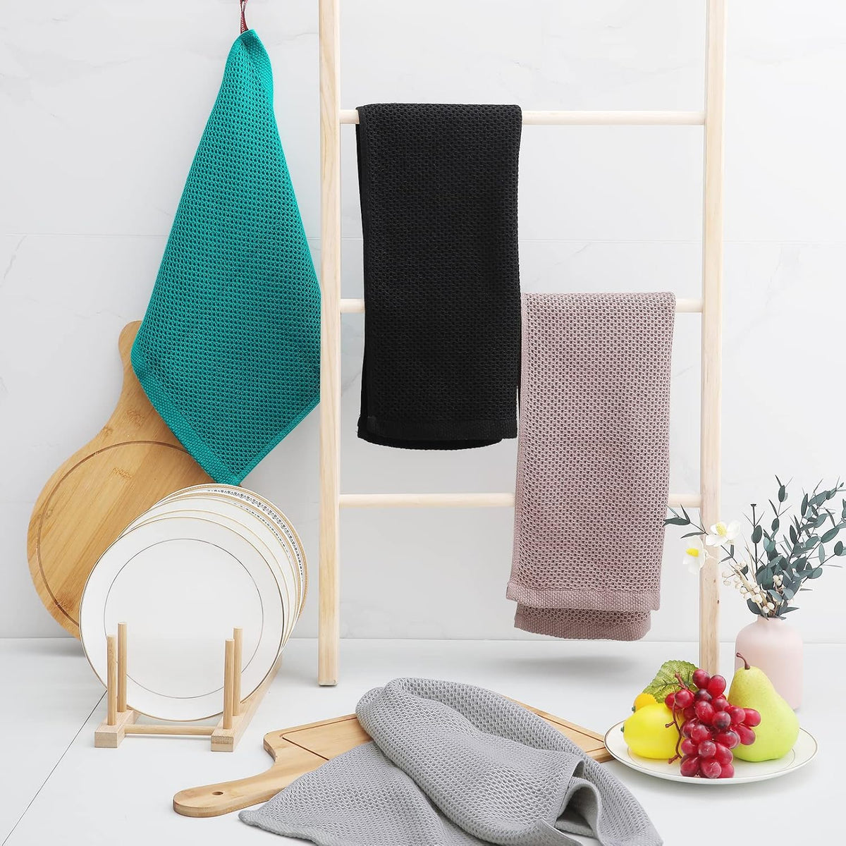 Homaxy 100% Cotton Waffle Weave Kitchen Dish Towels, Ultra Soft Absorbent Quick Drying Cleaning Towel, 13 x 28 Inches, 6-Pack, Black