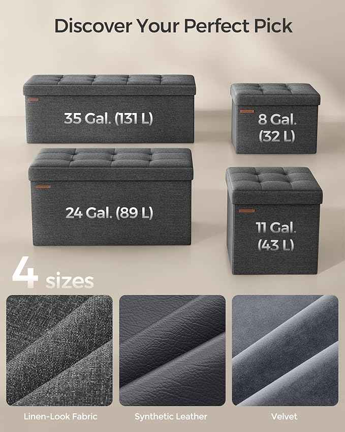 SONGMICS MAZIE Collection - 30 Inches Folding Storage Ottoman Bench, Ottoman Foot Rest, End of Bed Bench, Storage Chest, Load 660 lb, for Living Room, Bedroom, Entryway, Dark Gray ULSF47K