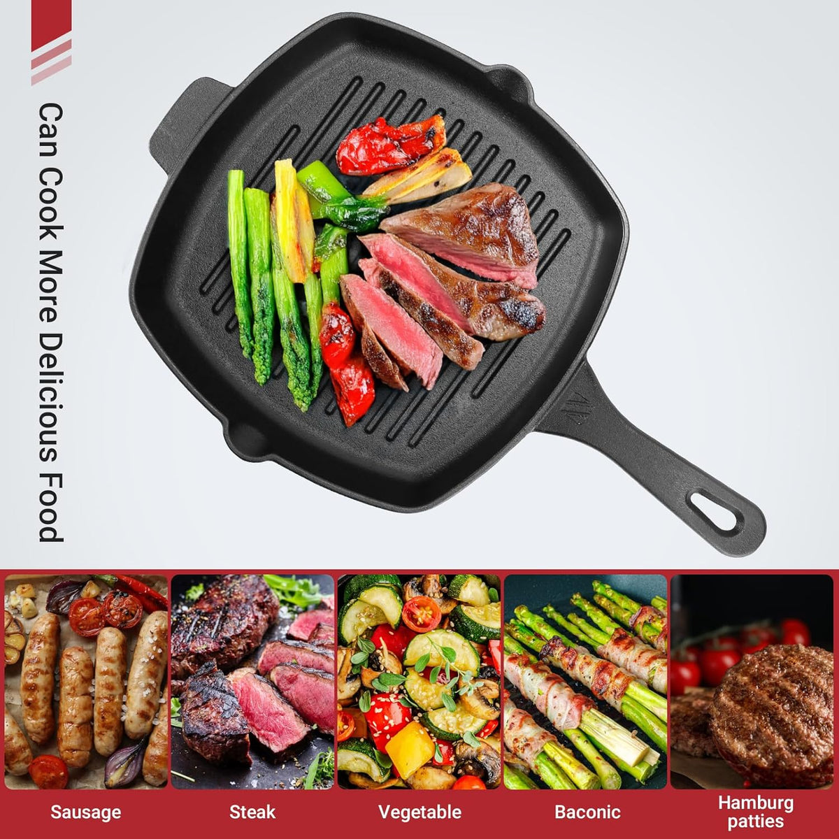 10.5 Inch Cast Iron Square Grill Pan with Tempered Glass Lid, Heavy Steak & Bacon Pans for Stove Tops
