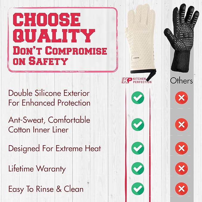 KITCHEN PERFECTION S Silicone Smoker Oven Gloves for Women -Extreme Heat Resistant BBQ Gloves -Handle Hot Food Right on Your Grill Fryer |Waterproof Oven Mitts Cooking Gloves |Superior Set+3 Bonuses