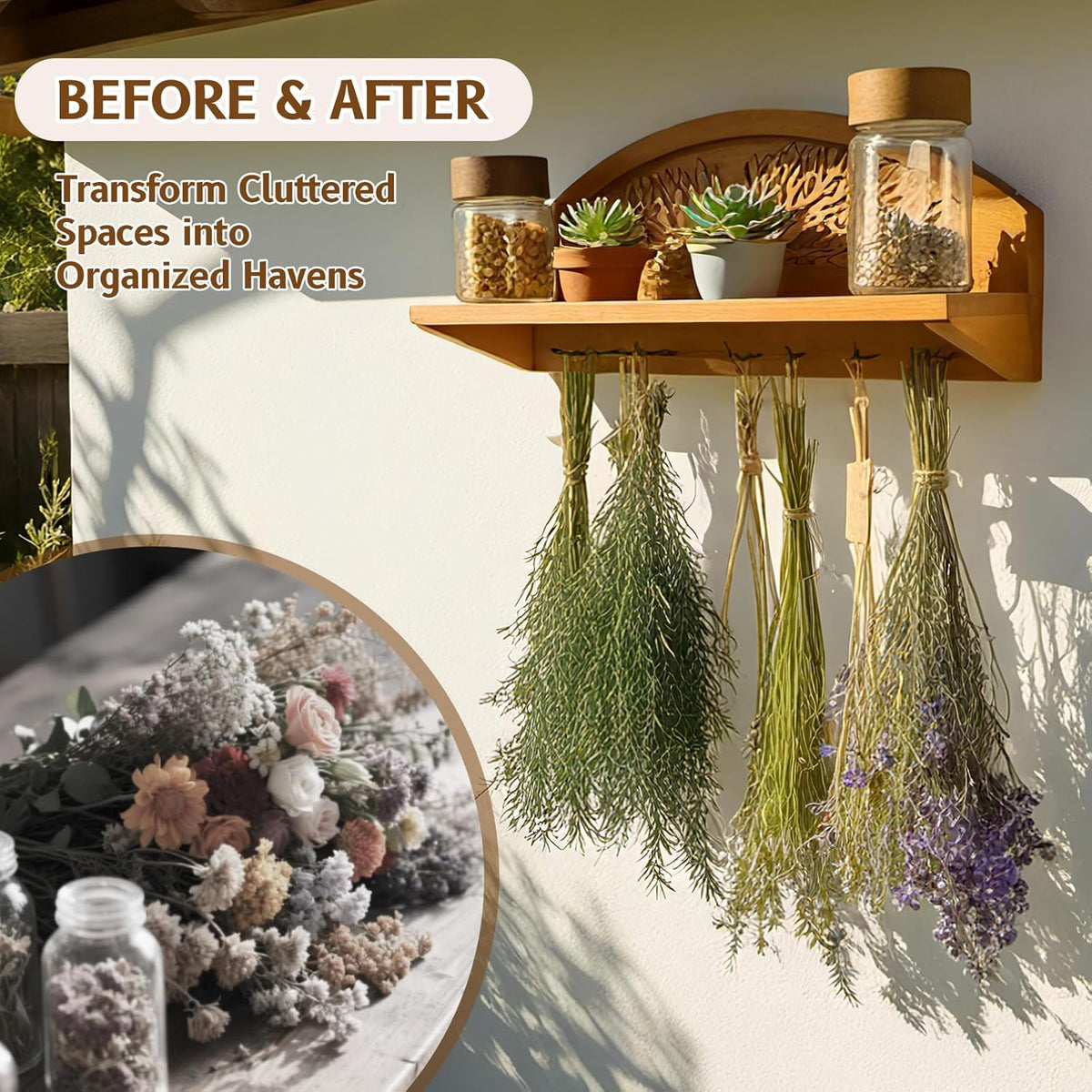 Hanging Herb Drying Rack - Artistic Life Tree Design. Space-Saving Kitchen Flower Dried Grass Display,Holds 7 Bouquets. For Witches & Gardeners Gifts for Crafters, Wall Art Décor
