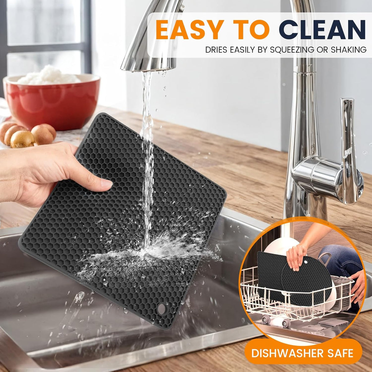 Silicone Trivet Mats 4 Heat Resistant Pot Holders Multipurpose Non-Slip Hot Pads for Kitchen Potholders, Drying mat, Jar Opener, Spoon Holder, Coaster(Black)