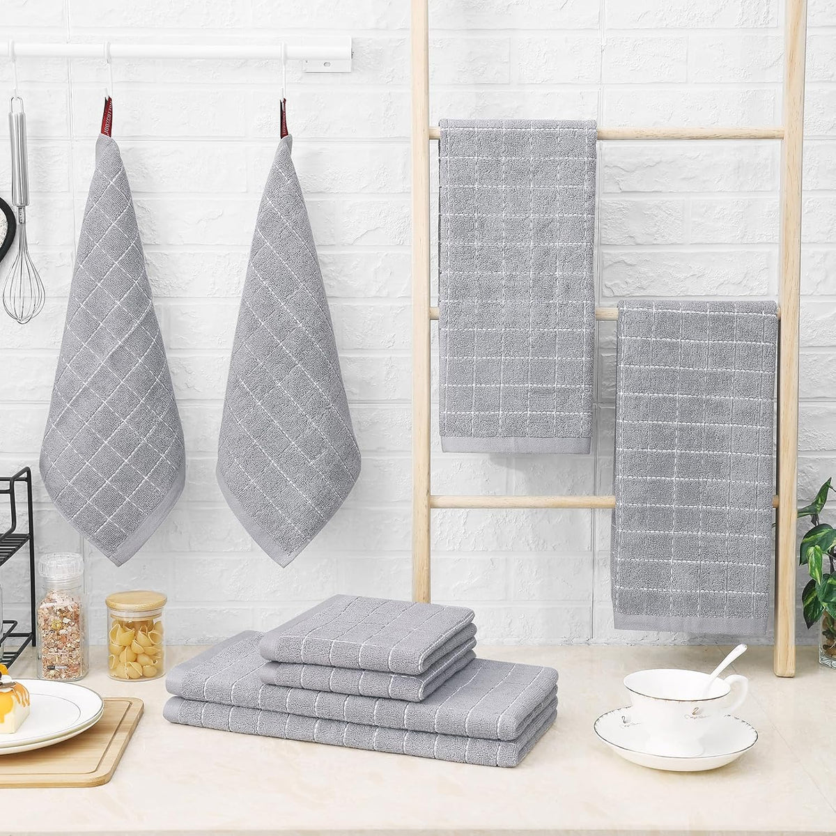 Homaxy 100% Cotton Terry Kitchen Towels(Light Grey, 13 x 28 inches), Checkered Designed, Soft and Super Absorbent Dish Towels, 12 Pack