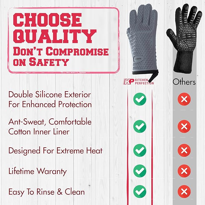 KITCHEN PERFECTION S Silicone Smoker Oven Gloves for Women -Extreme Heat Resistant BBQ Gloves -Handle Hot Food Right on Your Grill Fryer |Waterproof Oven Mitts Cooking Gloves |Superior Set+3 Bonuses