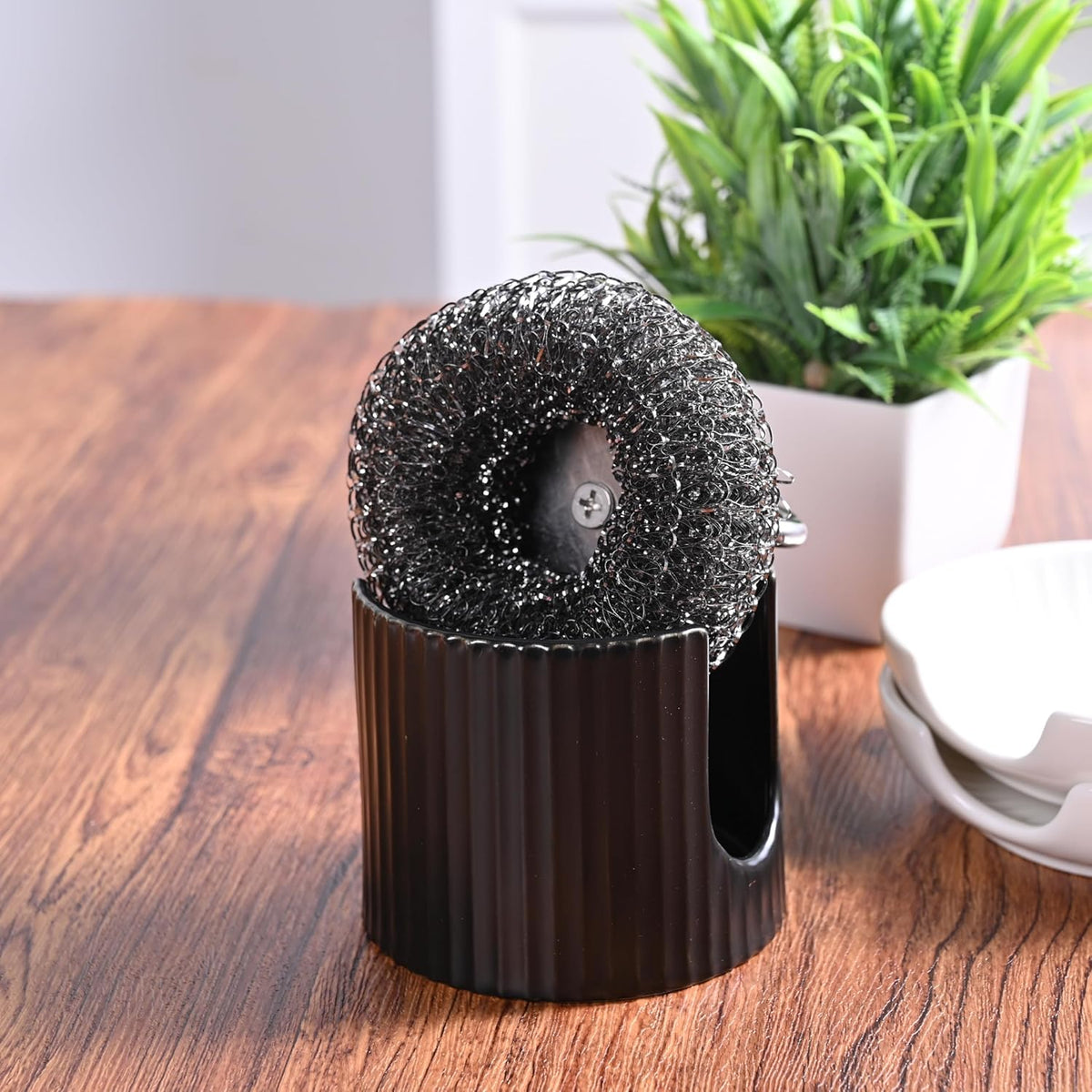 Ceramic Sponge Caddy for Kitchen Sink - Black Dish Sponge Holder, Scouring Pads Drying Rack for Countertop