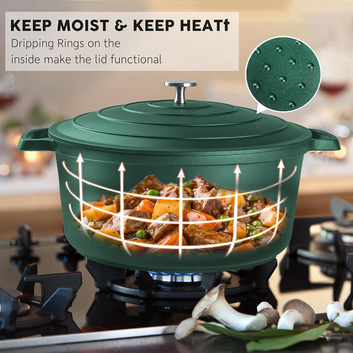 Large Dutch Oven Pot with Lid-7.5QT Cast Aluminum Oven Pot with Two Handles Lightweight for Bread Baking Braising and Roasting(Green)