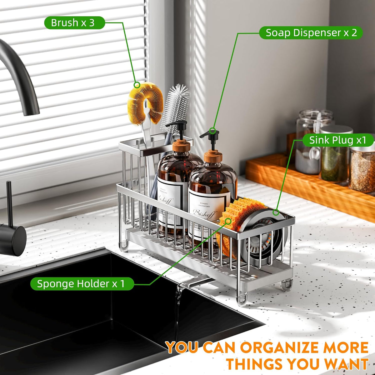Cisily Extra Large Silver Sponge Holder for Kitchen Sink, Sink Caddy Organizer with High Brush Holder, Kitchen Countertop Organizers and Storage Essentials, Rustproof 304 Stainless Steel