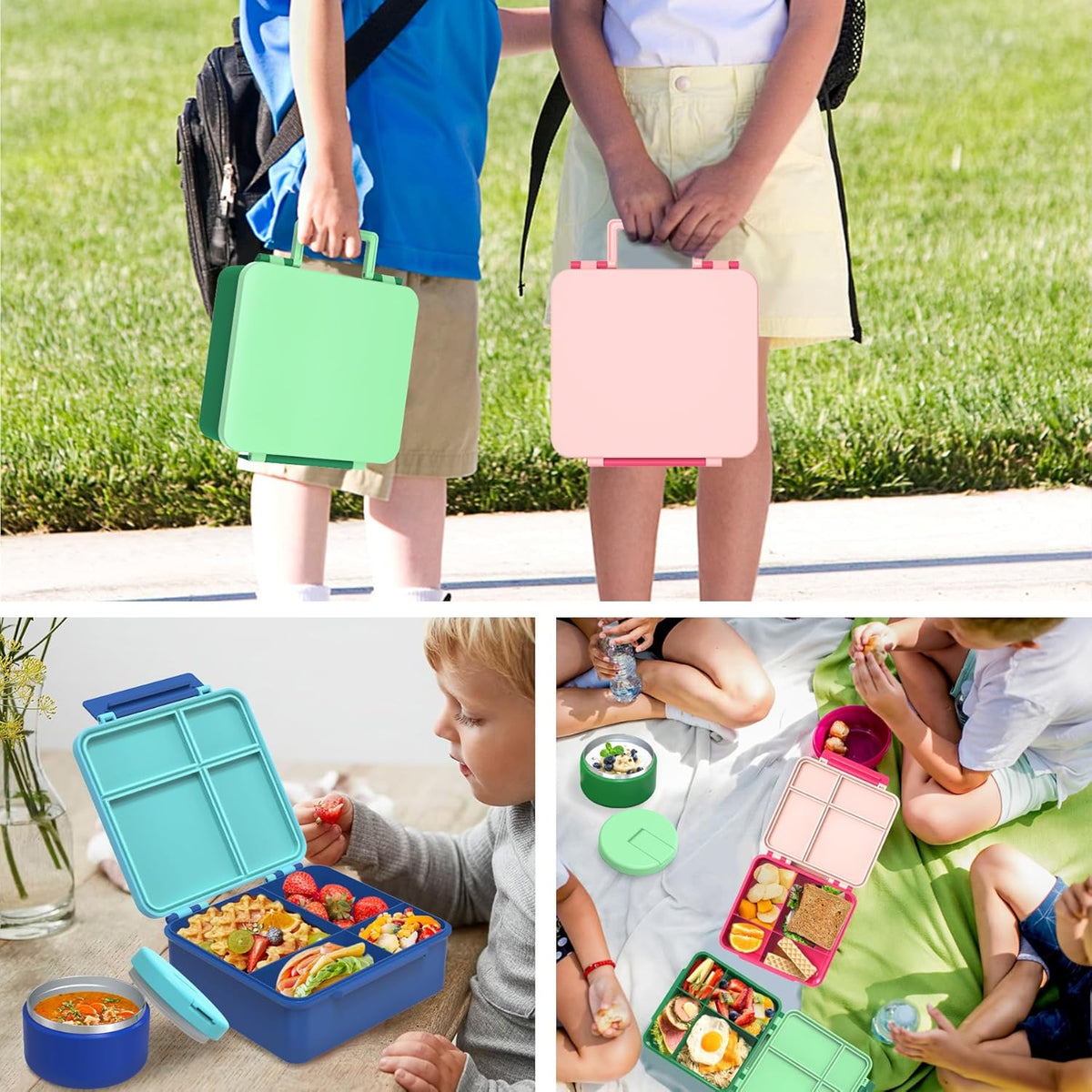 Bento Lunch Box with 8oz Soup Thermo, Leak-Proof Lunch Containers with 4 Compartment, Thermo Hot Food Jar and Insulated Lunch Box for School Pink