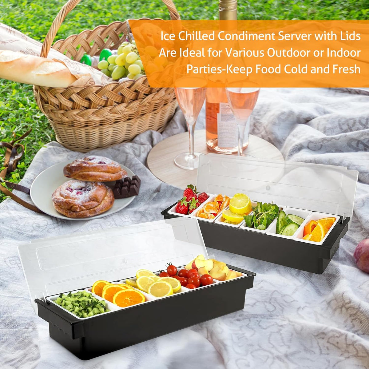WICHEMI Fruit, Veggie & Condiment Caddy with Lid Dispenser Tray Garnish Station for Bartending & Serving Taco, Ice Cream, Salad Bar - Topping Organizer for Restaurant Supplies (5 Compartment, 2 Pack)